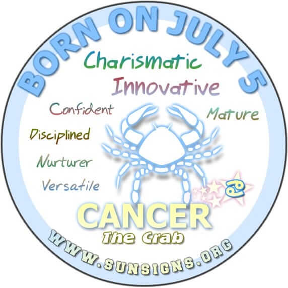 IF YOUR BIRTHDAY IS July 5, your sun sign is Cancer.